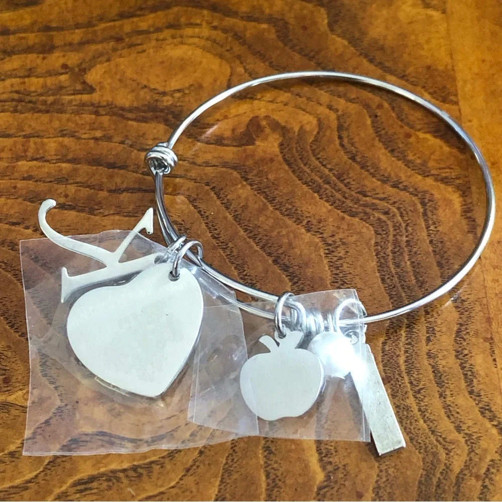 Teacher charm initial “K” silver plated adjustable bangle bracelet